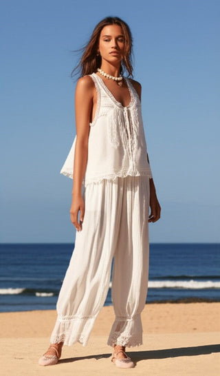 Vintage lace-trim tank and wide-leg pants set for women | Mirelle