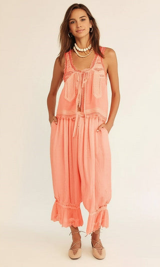 Vintage lace-trim tank and wide-leg pants set for women | Mirelle