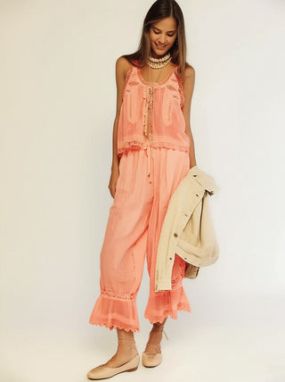 Vintage lace-trim tank and wide-leg pants set for women | Mirelle