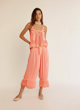 Vintage lace-trim tank and wide-leg pants set for women | Mirelle