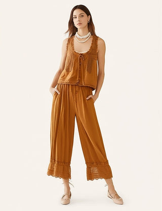 Vintage lace-trim tank and wide-leg pants set for women | Mirelle