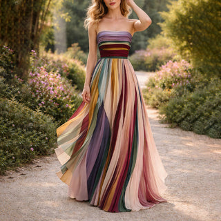 Elegant pleated strapless maxi dress for women | Valoria