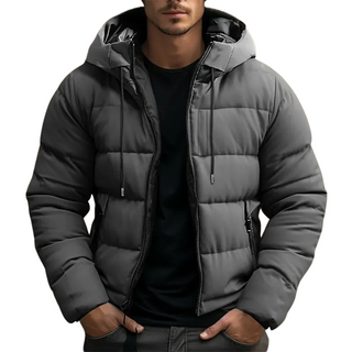 Hooded puffer jacket with zipper pockets for men