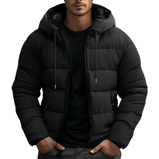Hooded puffer jacket with zipper pockets for men