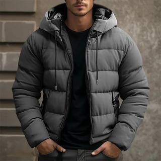 Hooded puffer jacket with zipper pockets for men