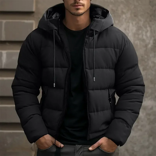 Hooded puffer jacket with zipper pockets for men