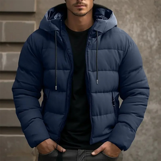 Hooded puffer jacket with zipper pockets for men