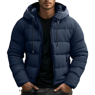 Hooded puffer jacket with zipper pockets for men