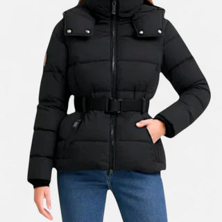 Belted water-resistant elegant puffer jacket for women