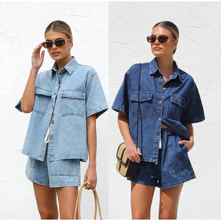 Casual button-down shirt and drawstring shorts set for women | Elira