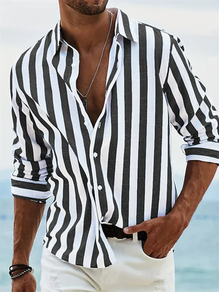 James Men’s Summer Shirt – Light Blue Striped Cotton-Linen Blend with Relaxed Fit