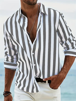 James Men’s Summer Shirt – Light Blue Striped Cotton-Linen Blend with Relaxed Fit