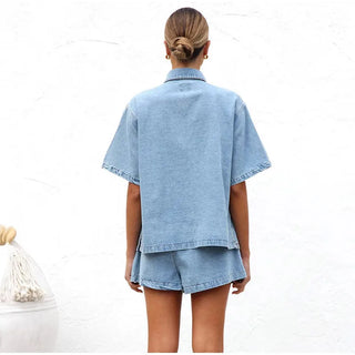 Casual button-down shirt and drawstring shorts set for women | Elira