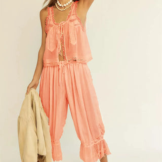 Vintage lace-trim tank and wide-leg pants set for women | Mirelle