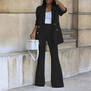 Double-Breasted Long Blazer and Flared Trousers Set | Valerisse