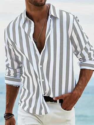 James Men’s Summer Shirt – Light Blue Striped Cotton-Linen Blend with Relaxed Fit