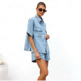 Casual button-down shirt and drawstring shorts set for women | Elira