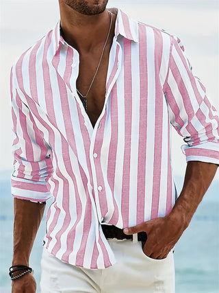 James Men’s Summer Shirt – Light Blue Striped Cotton-Linen Blend with Relaxed Fit