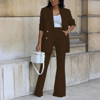 Double-Breasted Long Blazer and Flared Trousers Set | Valerisse