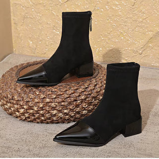 Gracia Suede Ankle Boots – Patent Detail with Block Heel