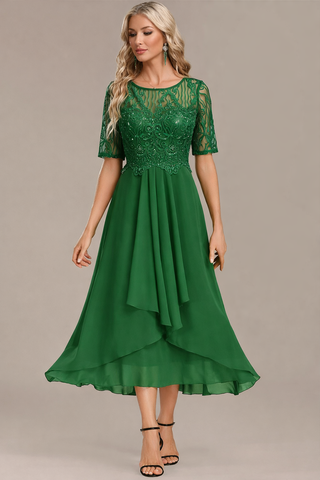 Navy lace short sleeve midi dress for women | Sophie