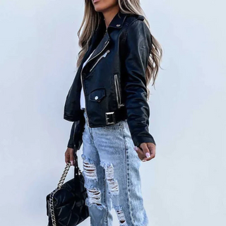 Classic faux leather button-detail everyday jacket for women