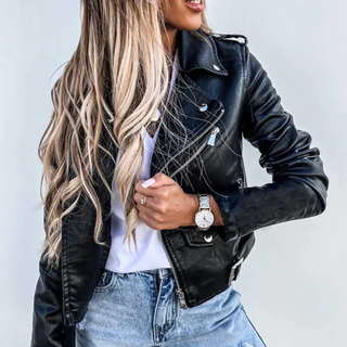 Classic faux leather button-detail everyday jacket for women