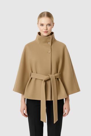 Ivanna Women’s Wool Coat – Elegant High Collar with Removable Belt & Relaxed Fit