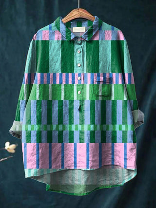 Geometric button-up blouse with collared neckline for women | Amber