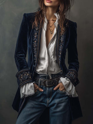Vintage Embroidered Navy Velvet Long Jacket | Isabella