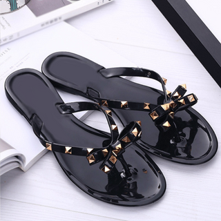 Gold Studded Bow Jelly Thong Sandal | Stella