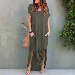 Casual V-Neck T-Shirt Maxi Dress with Side Slit | Althea