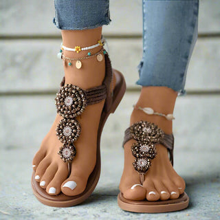 Elegant bohemian flat sandals with beaded detail for women | Aria