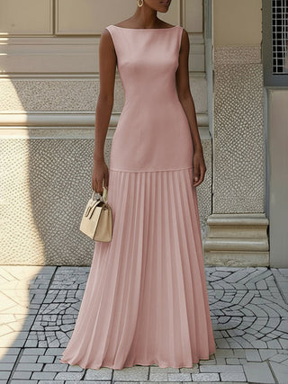 Sleeveless Pleated Gauze Boat Neck Maxi Dress | Aurelia