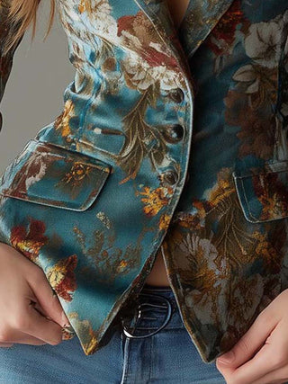 Vintage Teal Floral Velvet Blazer | Isabella