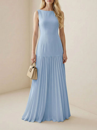 Sleeveless Pleated Gauze Boat Neck Maxi Dress | Aurelia