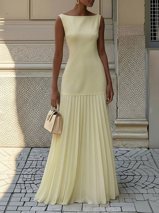 Sleeveless Pleated Gauze Boat Neck Maxi Dress | Aurelia