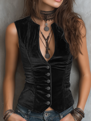 Vintage Round V-Neck Velvet Vest | Isabella