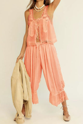 Vintage lace-trim tank and wide-leg pants set for women | Mirelle