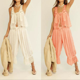 Vintage lace-trim tank and wide-leg pants set for women | Mirelle