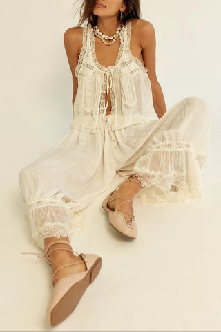 Vintage lace-trim tank and wide-leg pants set for women | Mirelle