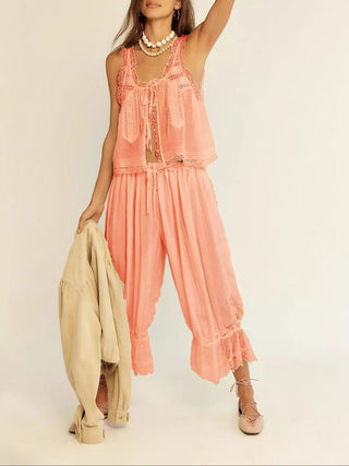 Vintage lace-trim tank and wide-leg pants set for women | Mirelle
