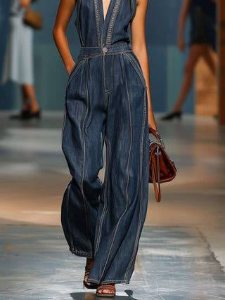 V-Neck Retro Wide-Leg Denim Jumpsuit | Clara