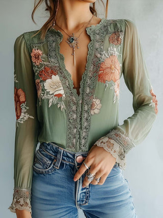 Bohemian Floral Lace Blouse | Sage