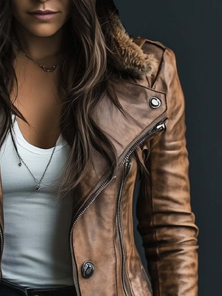 Vintage Fur Collar Zip Faux Leather Coat | Valeria