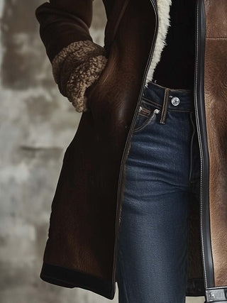 Vintage Contrast Lambskin Collar Faux Leather Coat | Aurora