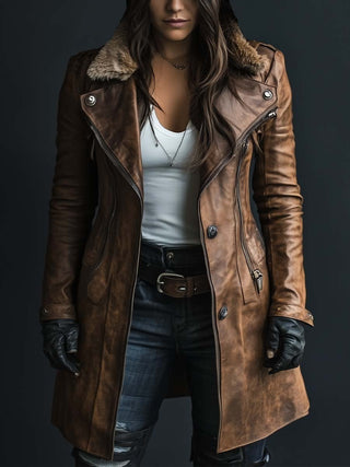 Vintage Fur Collar Zip Faux Leather Coat | Valeria