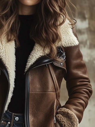 Vintage Contrast Lambskin Collar Faux Leather Coat | Aurora