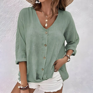 Relaxed V-Neck Button-Up Blouse | Marcia