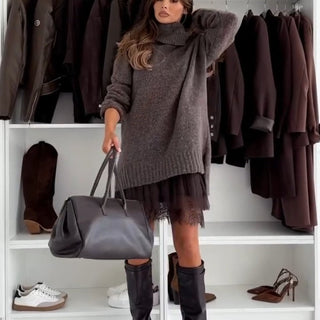 Elegant roll-neck knit mini dress set for women